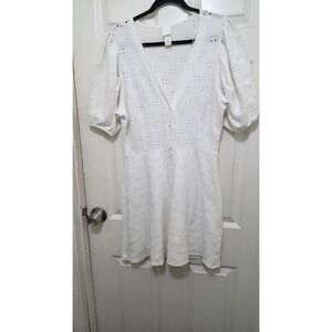 H&M Womens White Eyelet Puff Sleeve Mini Dress V-Neck Medium Cotton Blend